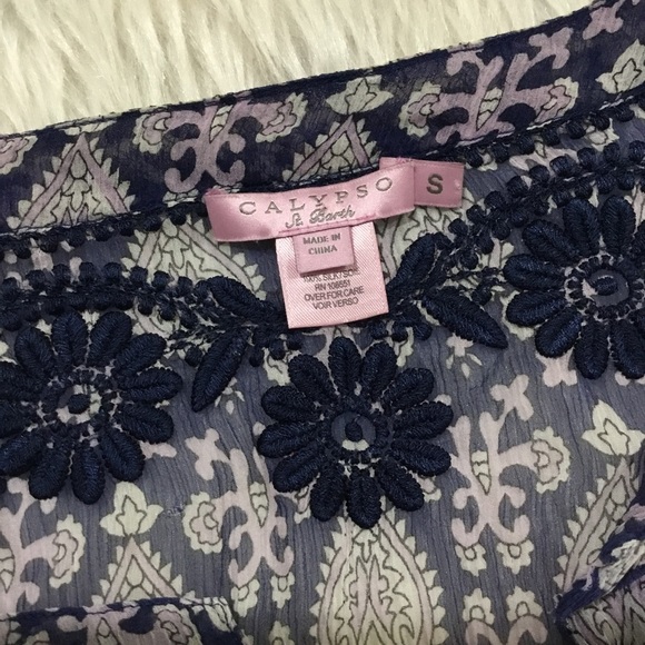 Calypso st. Barth blue silk sheer embroidered floral summer peasant top small - Picture 4 of 6